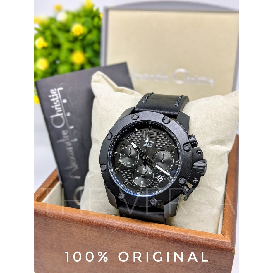 Alexandre Christie AC 6290 Jam Tangan Pria Full Black Kulit Hitam