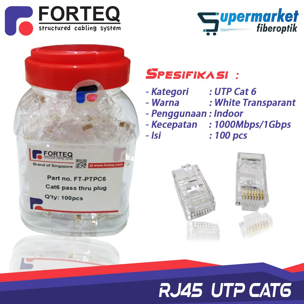 Connector RJ45 UTP Cat 6 UTP Indoor FORTEQ - Konektor Kabel Lan UTP Cat 6 100pcs tidak mudah PATAH