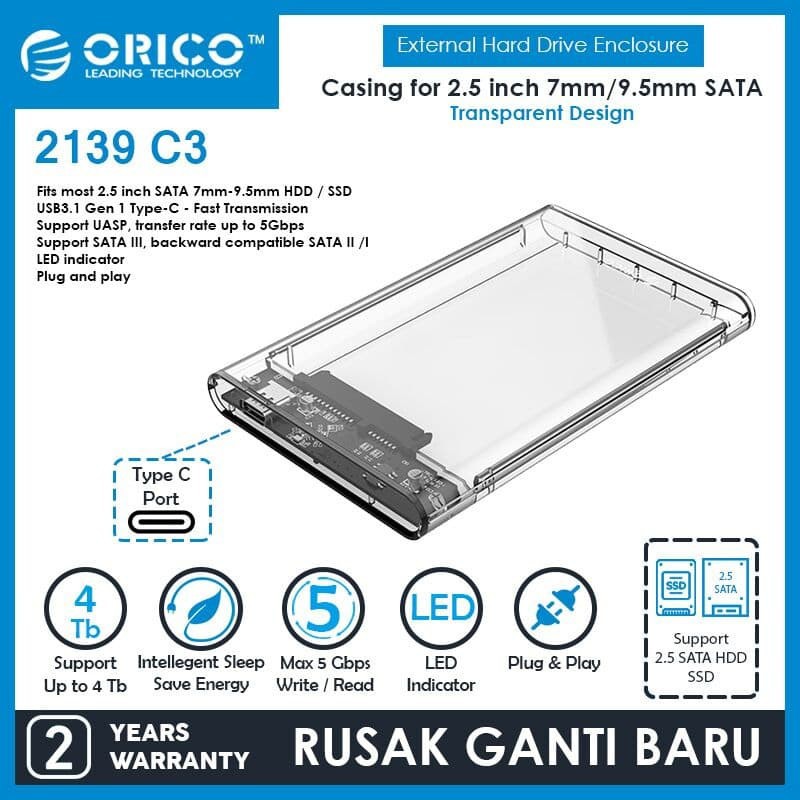 ORICO 2139C3 2.5" Type C Transparent HD Enclosure