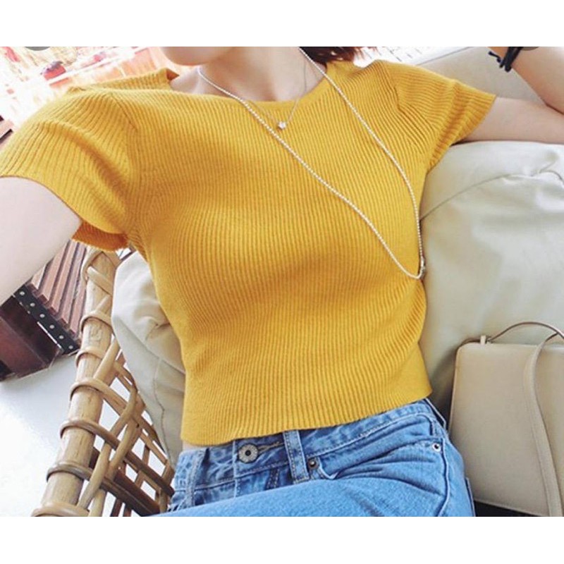 JT - 123009 Crop Top Knit Kaos Crop Wanita Korea Crop Tee Bahan Knit / BAJU CROP TOP ATASAN RAJUT WANITA