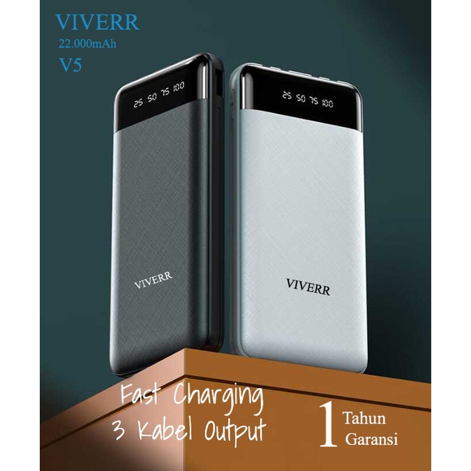 Powerbank VIVERR V5 original Kapasitas 22.000 mAh Output 3 Kabel ( iphone, TypeC,Micro ) universal buat semua gadget garansi 1 Tahun.