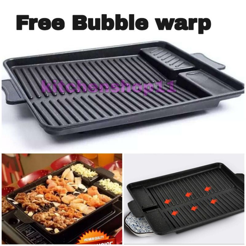 PROMO panggangan bbq grill plate  FREE KOMPOR / bulgogi pan 2 in 1 mookata / Korean Yakiniku grill pan 2in1 / panci shabu grill / panggangan bbq Korean grill bahan teflon persegi / panggangan sate ayam ikan serbaguna / bbq plate shabu dan grill mookata