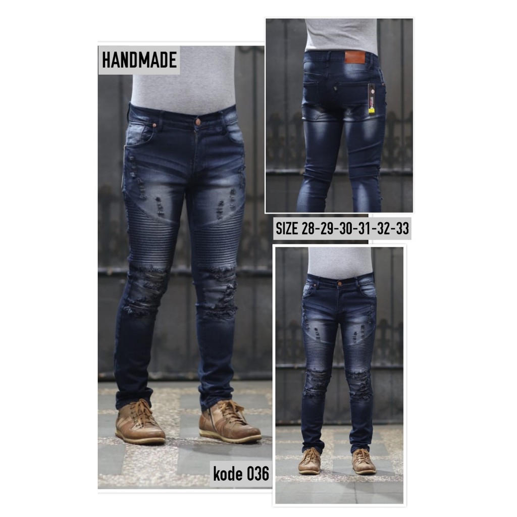 Celana Jeans Pria Skinny Biker Motor Ripped Knee Rips Sobek Robek Blue Denim Streact Berkualitas