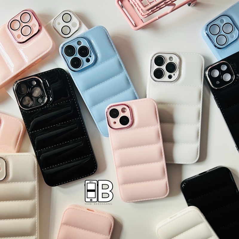 Glossy PUFF Case dengan Pelindung Lensa Kamera Lens Cover Casing iPhone X XR XS 11 12 13 PRO MAX