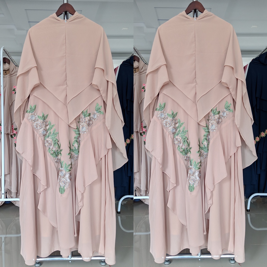 Gamis Syari Ceruty Bordir Set Khimar Gamis wanita Remaja Kekinian Ibu Ibu Jumbo Mewah-Coksu