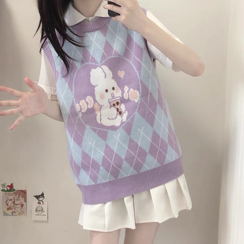 [ready stock] bubble tea rabbit vest | atasan outer rompi knitted rajut warna ungu argyle motif keli