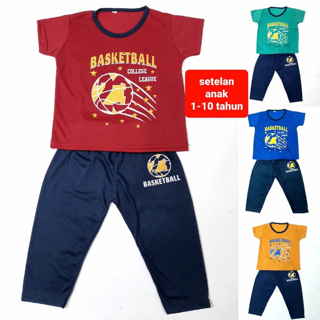 Setelan anak laki-laki 1-10 tahun CP baju anak cowok lengan pendek celana panjang gambar basket ball