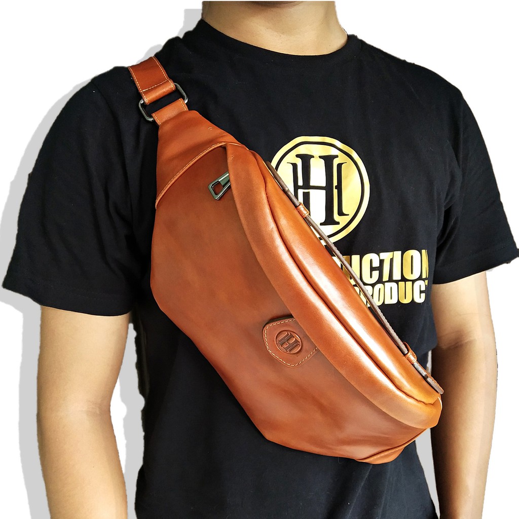 Tas Selempang Kulit Asli KENJI Sling Bag Tas Pinggang Tas Dada Waist Bag Cowok Pria Laki Pull Up
