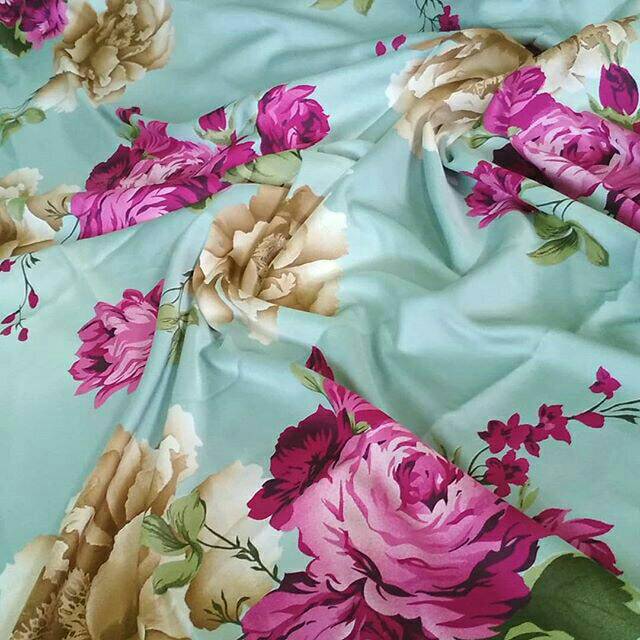 Kain maxmara lebar 1,5m biru baby blue motif bunga pink coklat