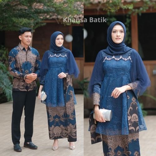 KHANSABATIK JUMBO EKSTRA XXL! SET KEBAYA NAVY COUPLE LUNA SERIES BROKAT VELVET PREMIUM MIX TILLE MUTIARA TERBARU 2022