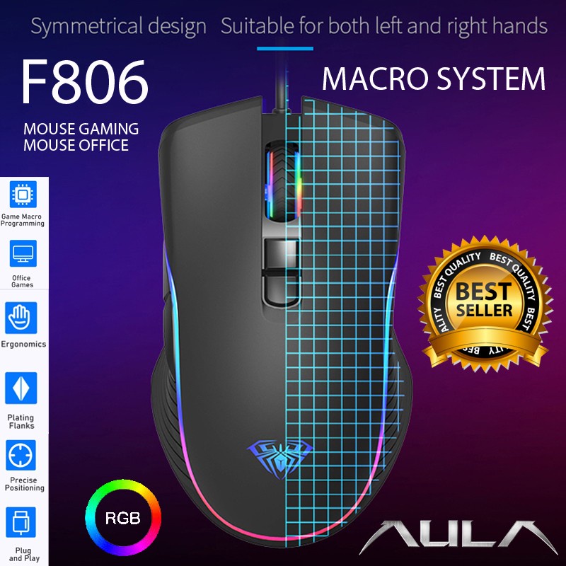 Mouse Gaming AULA F806–2400DPI-RGB Backlight-Macro-7 Buttons