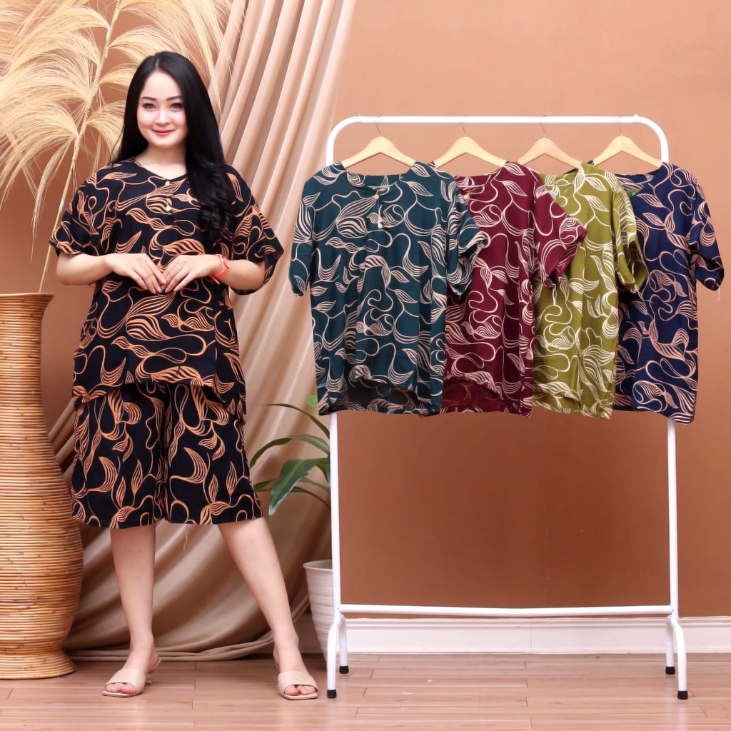 BAJU TIDUR WANITA SETELAN ONESET PIYAMA KULOT SUPER JUMBO KEKINIAN  BUSUI BUMIL ( ROHMAH GELOMBANG OVAL SELEDRI CABUTAN )-KJ GELOMBANG CABUTAN