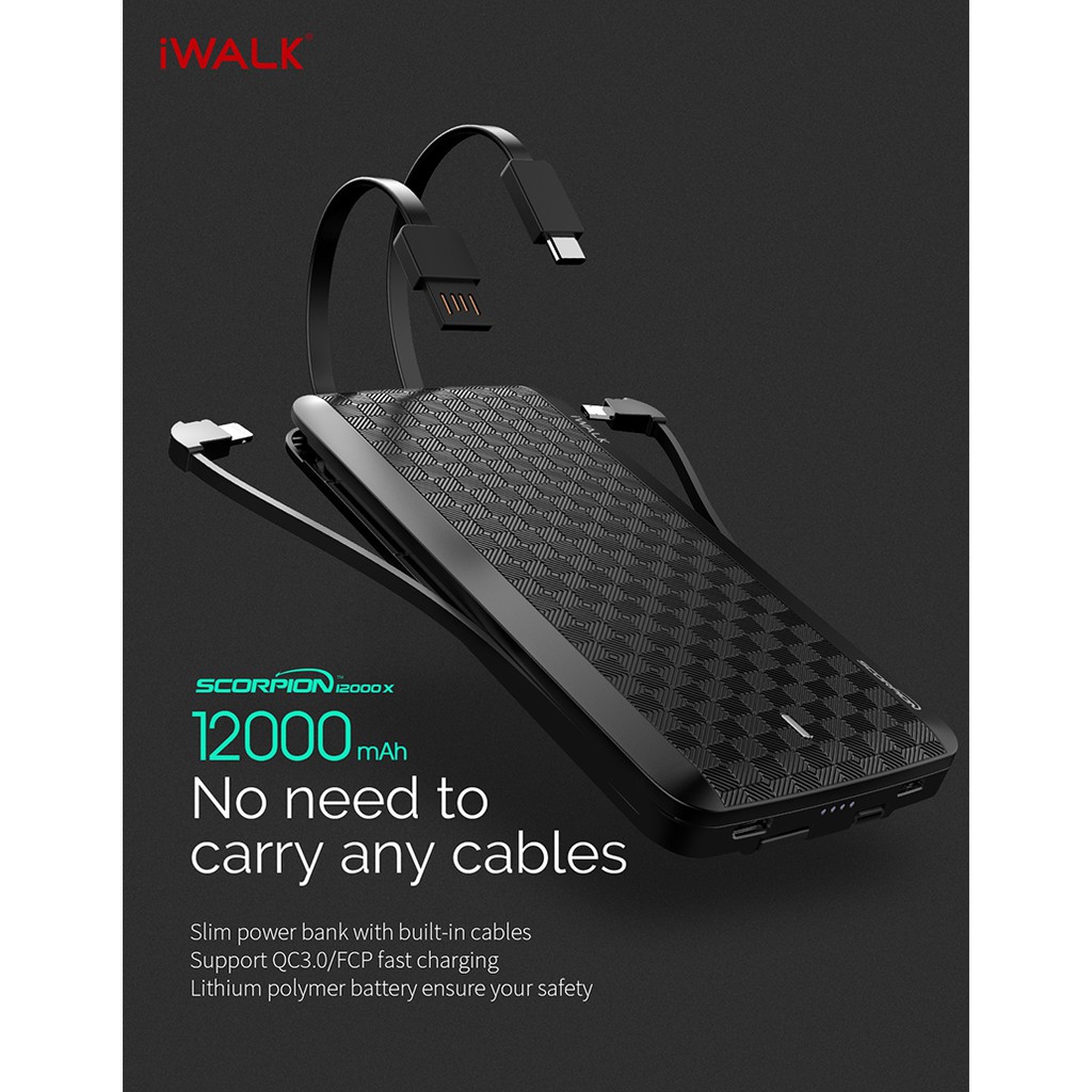 IWALK UBT12000X Scorpion Power Bank 12000mAh Built-in Cable