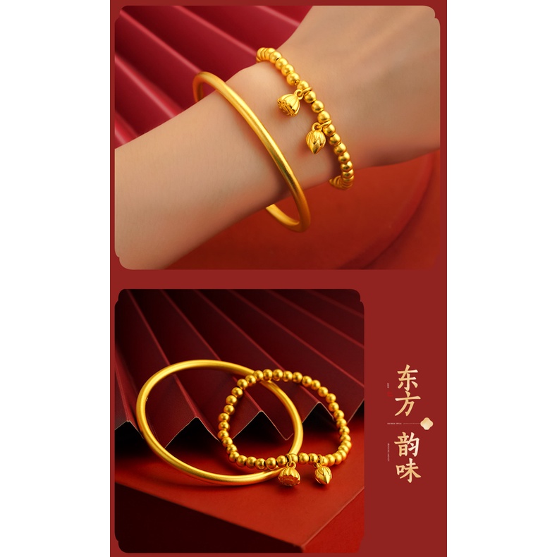 Goldkingdom Fashion Perhiasan 24K Bangkok Aksesoris Ready Stock Heritage Lotus Gelang Tiga Nyawa Tiga Dunia Gelang Wanita Retro Gelang