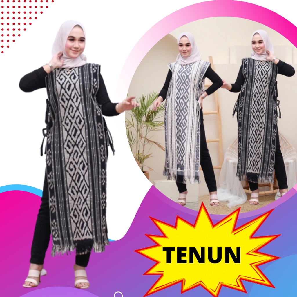 Long Vest Outer Wanita Muslim Hitam Putih Tenun Etnik Baju oter Muslimah Rompi Panjang Tanpa Lengan