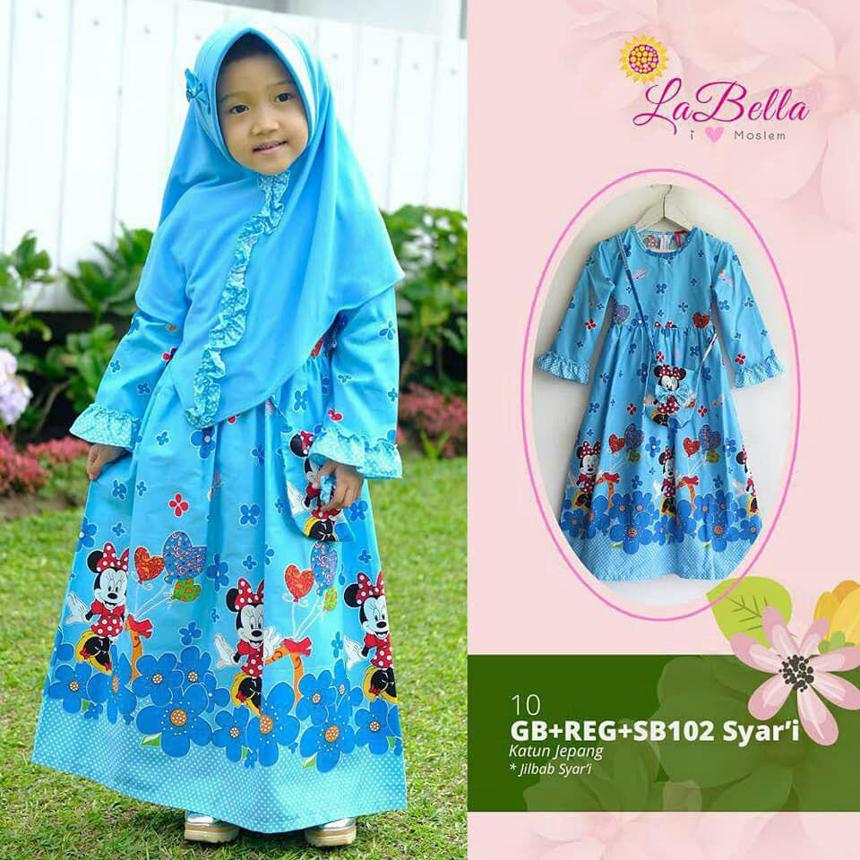 Gamis Terbaru Labella Motif Minnie Jilbab Syari warna biru muda