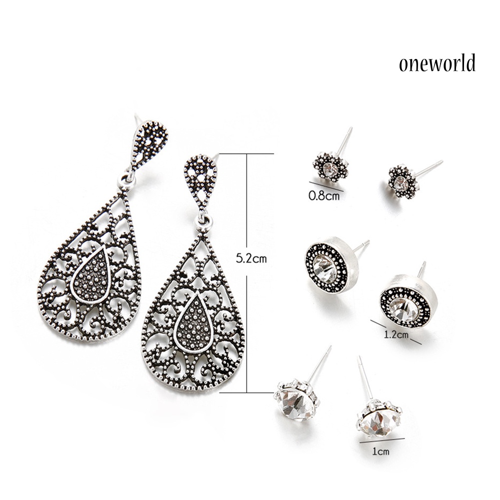 OW@ Boho Antique Silver Retro Hollow Waterdrop Pendant Stud Earrings Jewelry Set