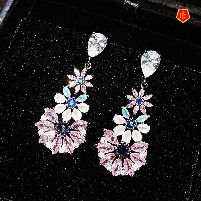 [Ready Stock]Pink Crystal Flower Stud Earrings for Women