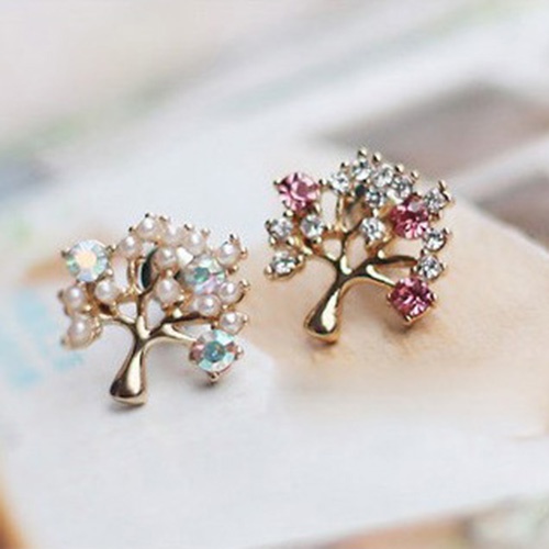 Hu Hu Hu Hu Hu Alat Bantu Pasang Kacamata♡ Anting Stud Bentuk Pohon Kecil Aksen Mutiara Berlian Imitasi Untuk Wanita