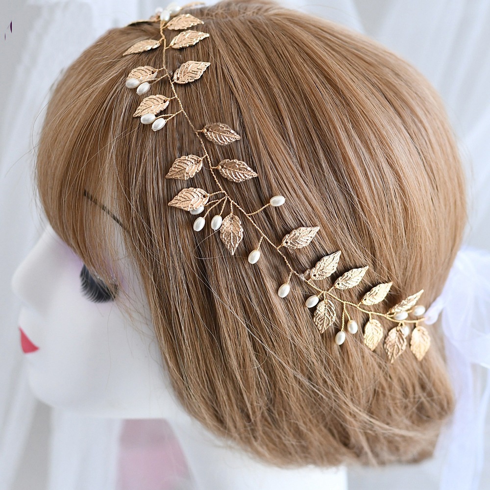 Korean Mori Sweet Bride Golden Headdress Leaf Pearl Hair Band / Bridesmaid Hair Accessories Wedding Dresses With Accessories