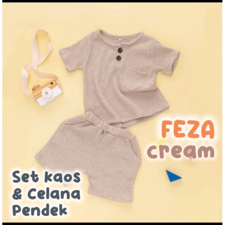 Nauree - Setelan Baju Kaos Anak Feza Umur 1 2 3 4 5 6 Tahun Ukuran S M L Warna Cream Taro Pink Celana Pendek Lembut Nyaman Premium Tidak Panas Tidak Menerawang Berkualitas Modis Awet