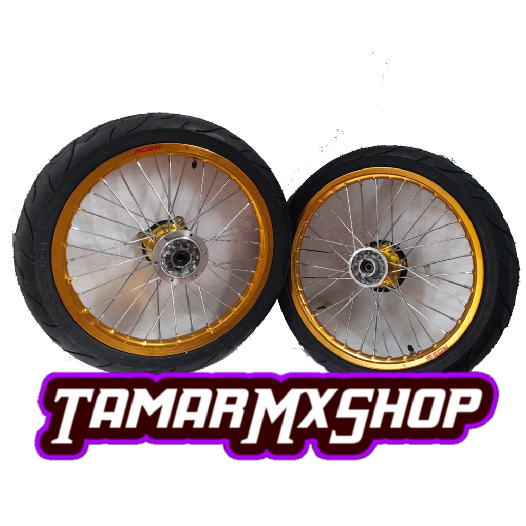 WHEELSET SUPERMOTO KLX UKUR  300/350 VELG SET SUPERMOTO RING 17 PNP D-TRACKER BAN IRC BARU