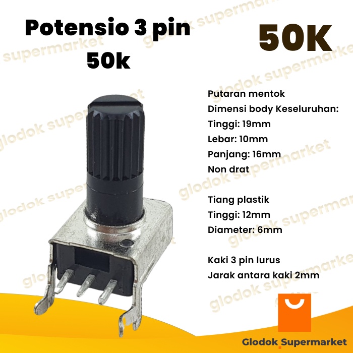 Potensio 3 pin 50k Mono Kaki 3 Lurus Segi Hitam 503