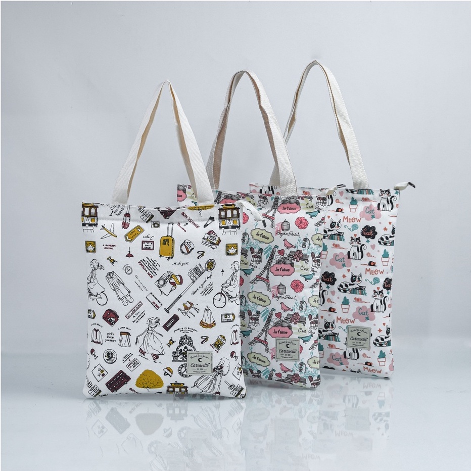 Tote Bag Kanvas Resleting Wanita model  bahan Kanvas polos dan motif bisa custom sablon utk seminar