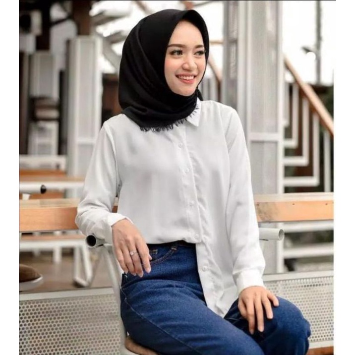 Baju Kemeja Wanita Kerja Kantor Lengan Panjang Murah Polos Casual Korea Putih Harian Jumbo Hitam rh1