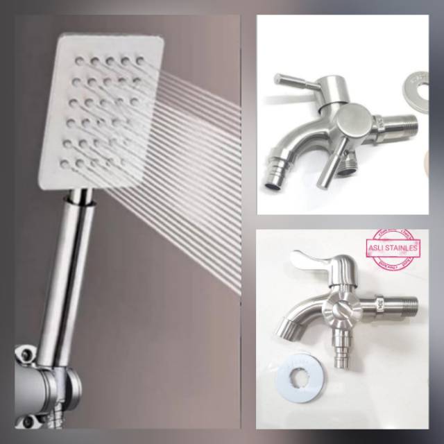 Paket Kran Cabang Stainles Sus 304 + Hand Shower Stainles Minimalis - Shower Set