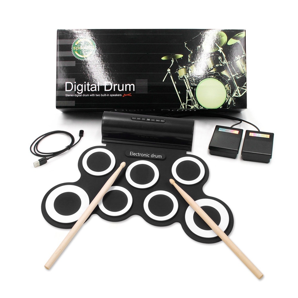 Set Drum Elektronik 7 Pad Silikon Gulung Portable 2 Warna Dengan Speaker Built-in + Stik Sustain Pedal