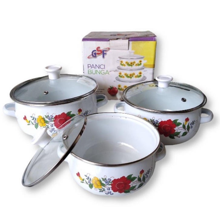 Panci Set Enamel 3Pcs Motif Bunga Panci Anti Karat