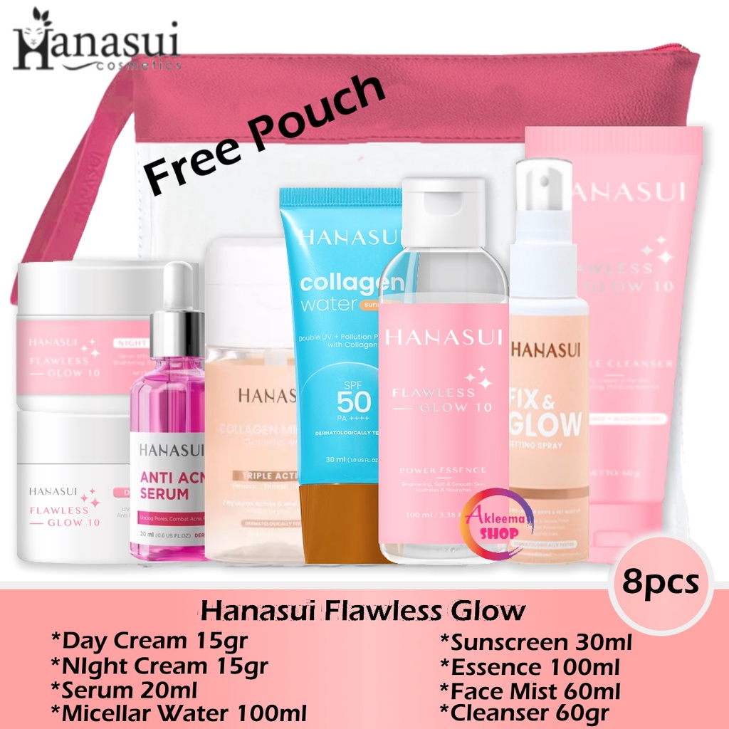 Paket Hanasui Flawless Glow 8pcs (day+night+serum pink+micellar+sunscreen+essence+face mist+cleanser)