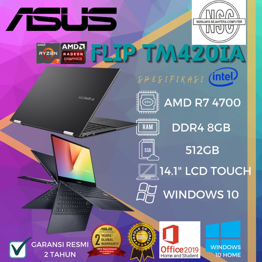 Jual ASUS VIVOBOOK FLIP TM420IA R7-4700/8GB/512GB/14" TOUCH/W10+OHS