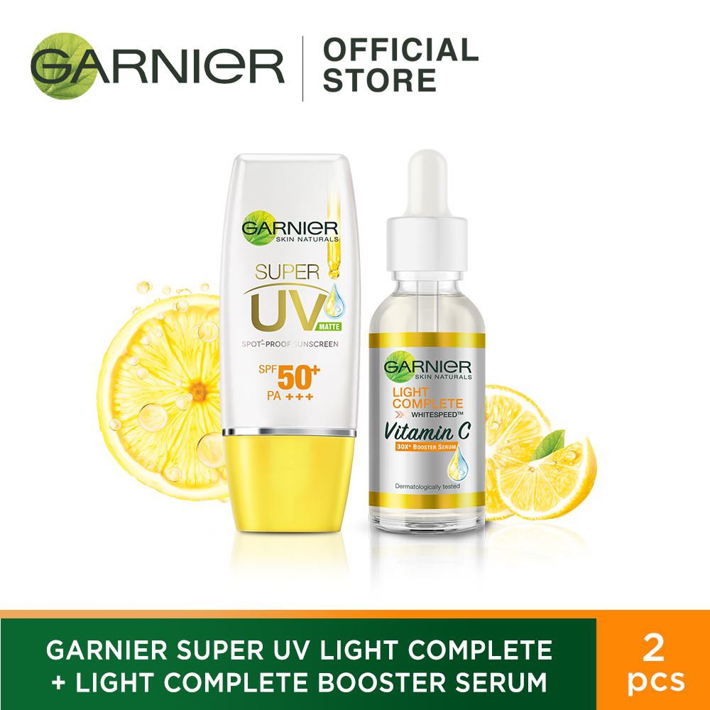 Garnier Light Complete Rangkaian Untuk Wajah Cerah Cepat Bebas Kilap (Sunscreen & Booster Serum)