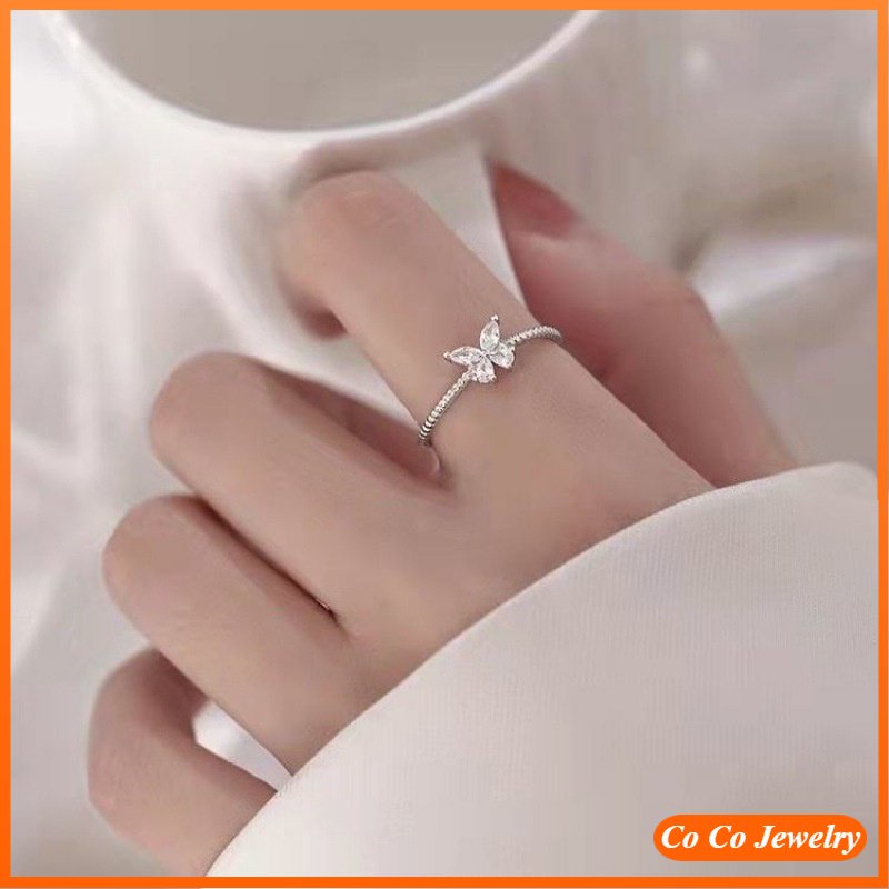 Cincin Model Terbuka Adjustable Desain Kupu-Kupu Bahan S925 Silver Aksen Berlian Gaya Korea Untuk Wanita