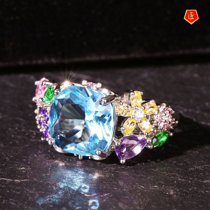 [Ready Stock]Inlaid Square Multi-Color Gemstone Ring