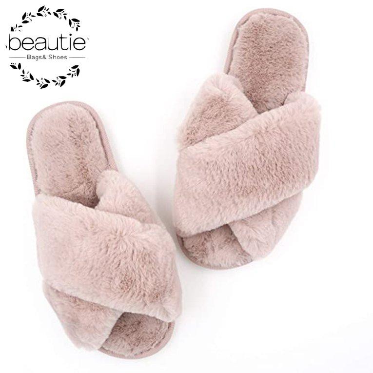 fuzzy cross band slippers