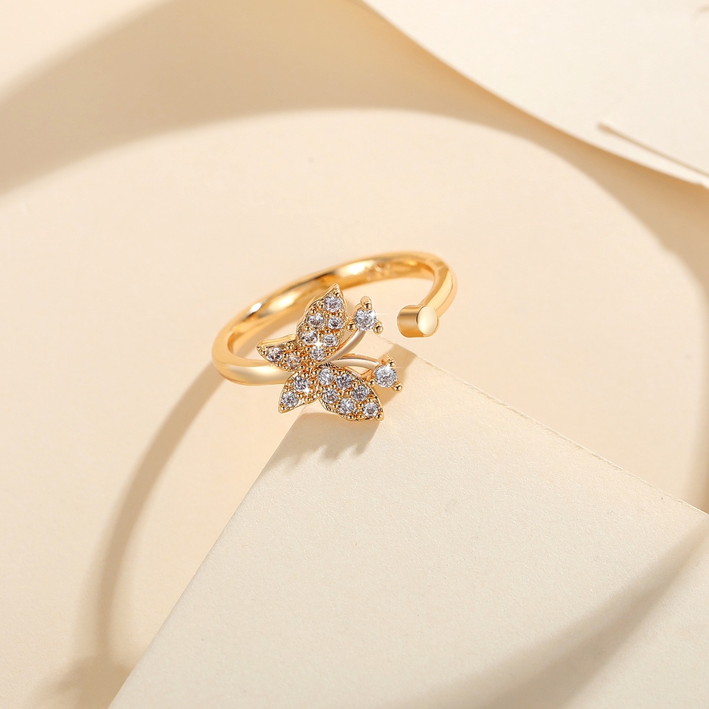 Y692 【COD】 Cincin Kupu-Kupu Adjustable Titanium Kristal Emas Fashion Wanita Perhiasan Rings