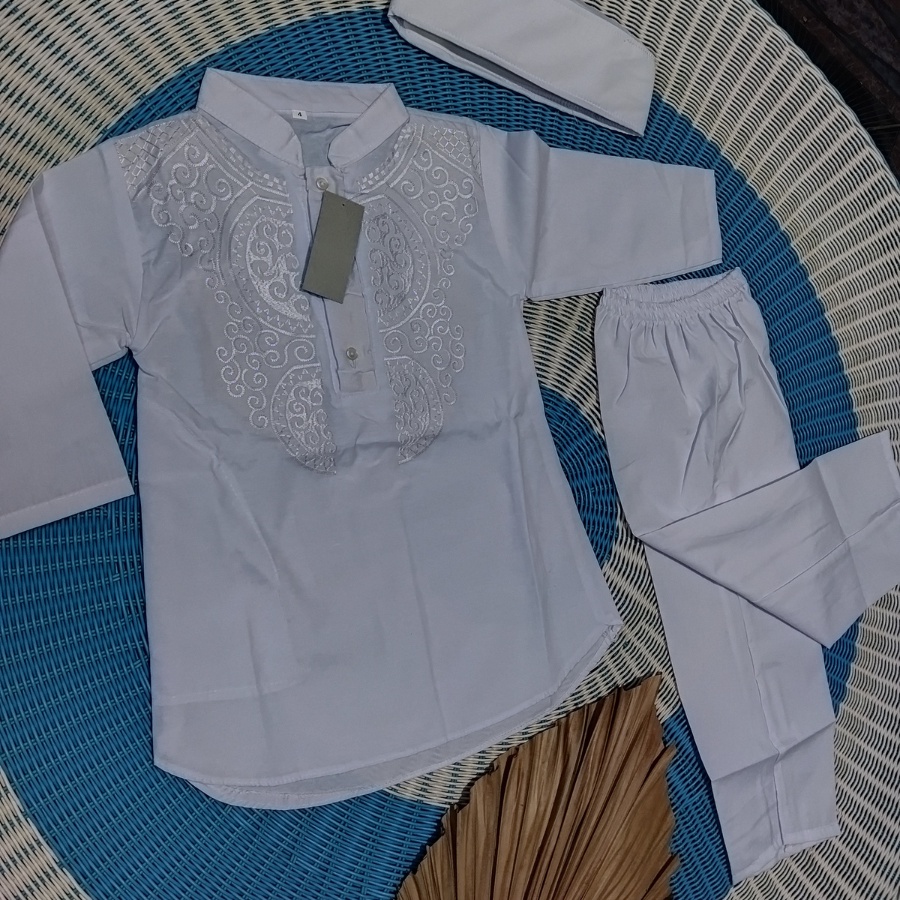 Busana Muslim Setelan Baju Koko Anak Laki Laki Usia 1 - 12 tahun Putih Bahan Katun