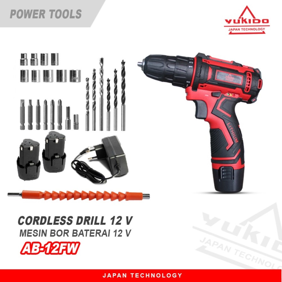 YUKIDO BOR BATERAI CORDLESS DRILL 12 V LENGKAP MATA BOR