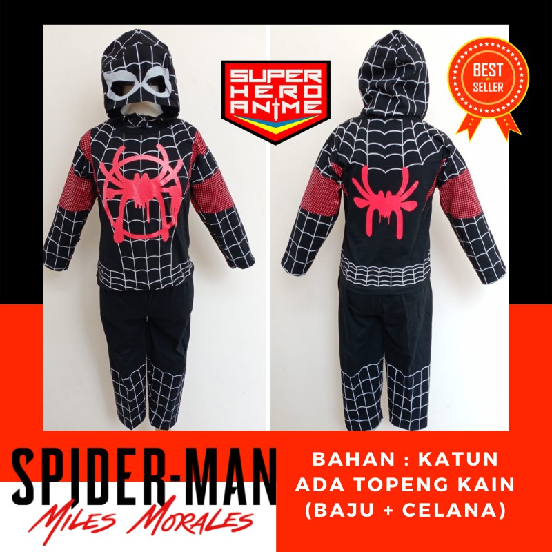 Kostum Superhero Anak Spiderman Miles Morales PS5 Baju Setelan Laki Panjang Topeng Spider Hitam