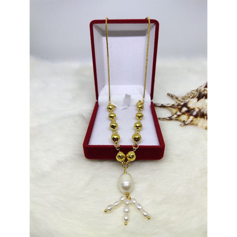 kalung bola bandul mutiara air tawar jurai lapis emas 24k