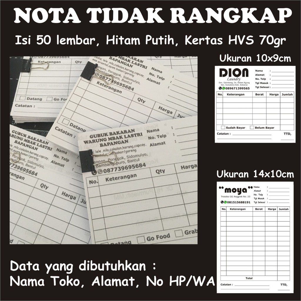 NOTA OLSHOP/NOTA LAUNDRY/NOTA MAKANAN CUSTOM TIDAK RANGKAP HITAM PUTIH