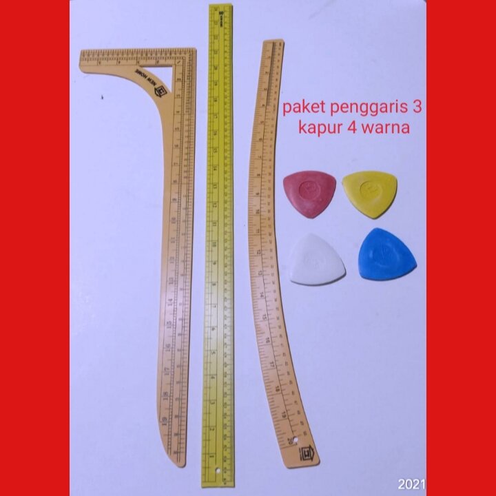 penggaris pola jahit / paket berisi 3 penggaris 4 kapur warna campur / penggaris besar / penggaris