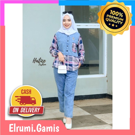[TERLARIS] HATICE FASHION ONE SET JEANS WASH WANITA - SETELAN WANITA JEANS WASH KOMBINASI KATUN TERB