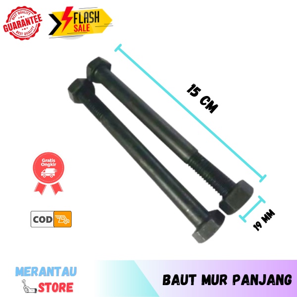 Baut Mur Panjang 15 cm Baut Balok Baja kunci 19mm Baut Blandar Mur Baut Hitam Baja Bodi 12 mm