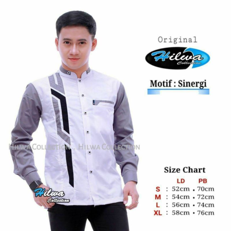 El Rumi Baju Koko Ammu Putih Hitam Motif Sinergi Cassual Ukuran S M L XL Koko Lebaran Az Zahir Kemej