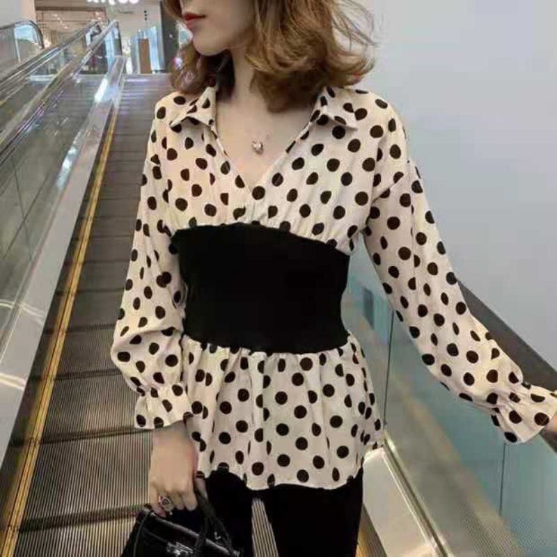 MDLV ~ 0088 POLKADOT PEPLUM TOP // ATASAN LENGAN PANJANG RAJUT COMBI // FASHION IMPORT WANITA