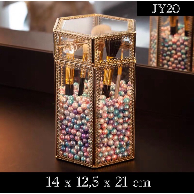 Brush Holder / Makeup Organizer / Brush Box Gold / Tempat Brush / Rak Kosmetik Kaca / Rak Brush / Ra
